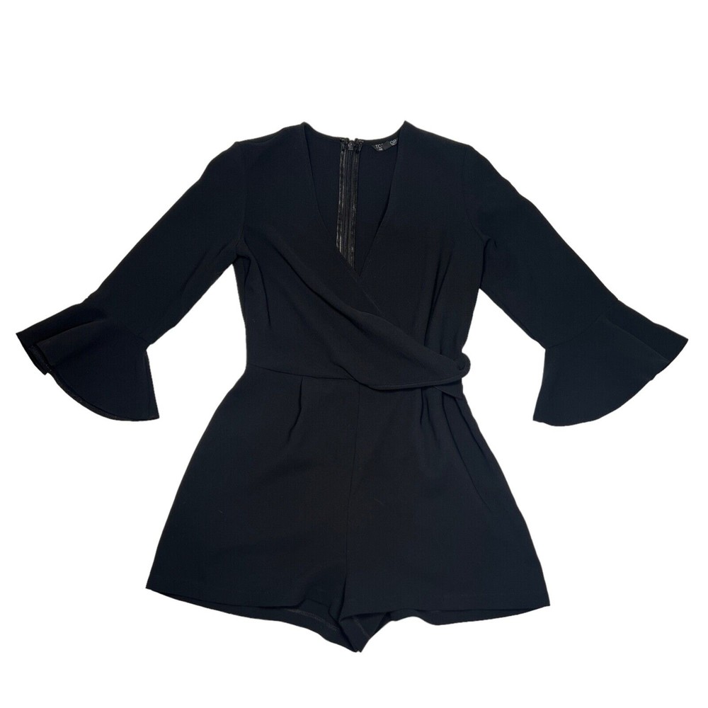 Topshop Women's Sz 2 Romper Jumpsuit Shorts 3/4 Sleeve With Bell Cuff Black